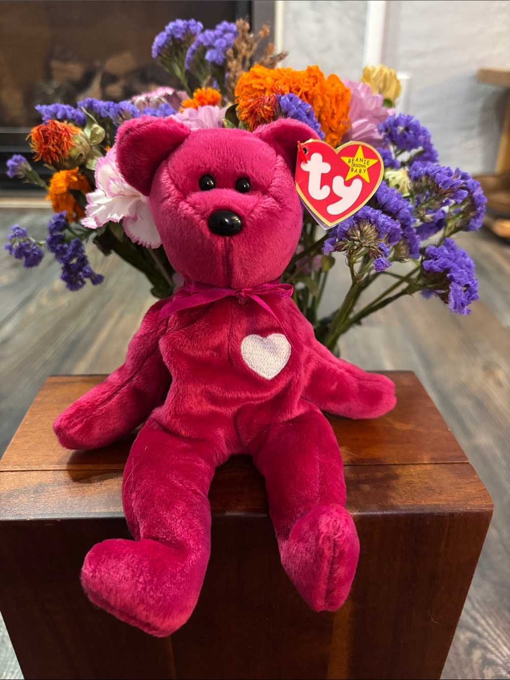 Ty Valentina Beanie Baby Plush Bear in Deep Pink with Heart